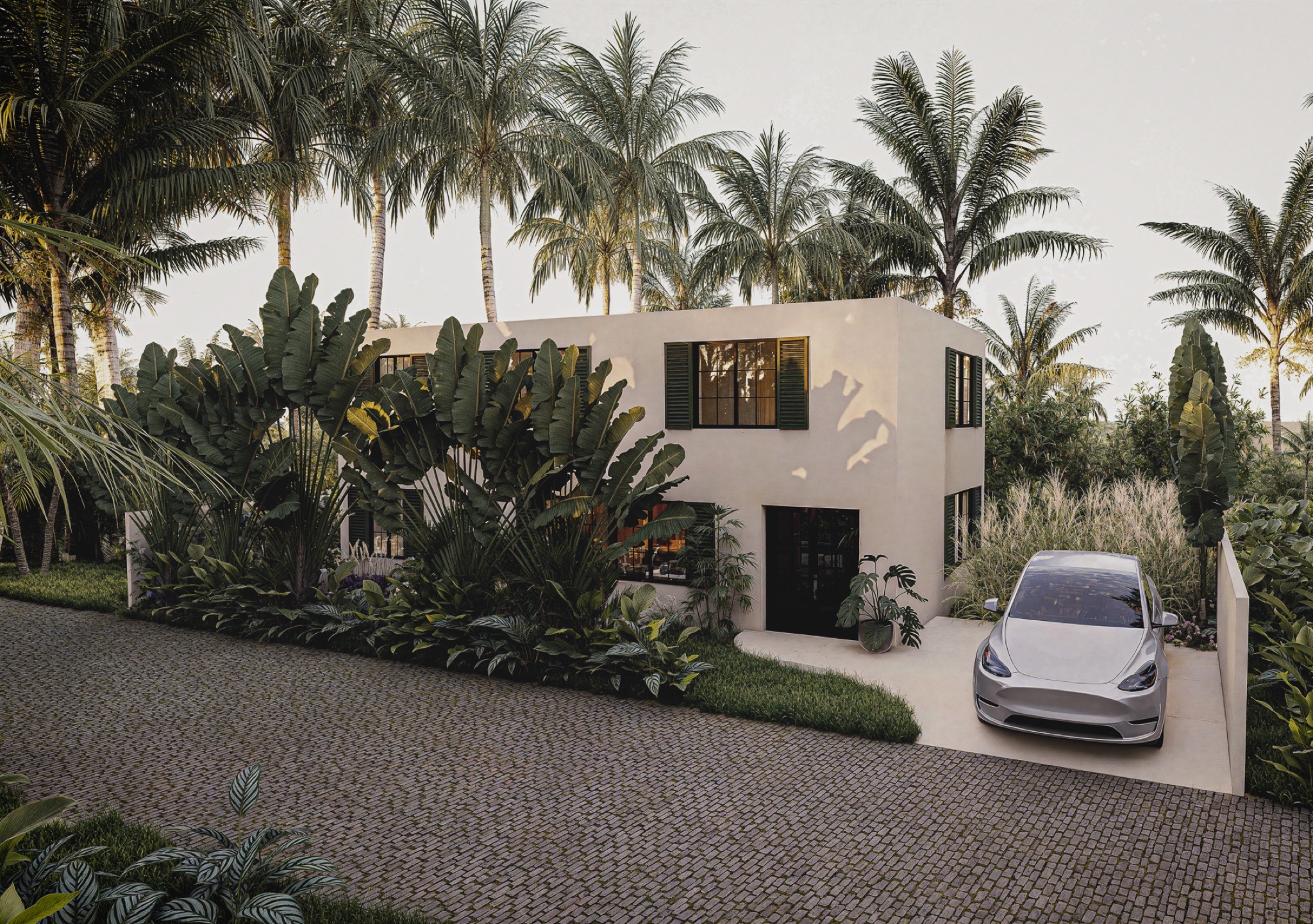 landscape render of Villa Lilja, a tropical garden and pool designed with Scandinavian principles